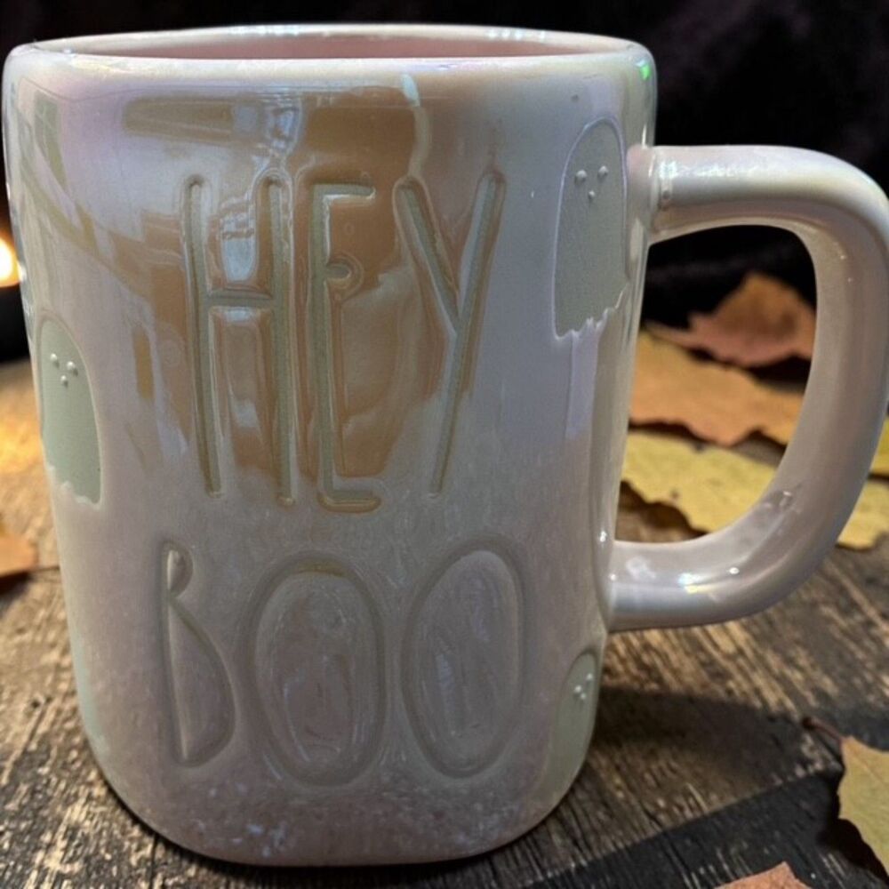 Rae Dunn HEY BOO Pink Iridescent Ghost Halloween Mug 16oz 2018